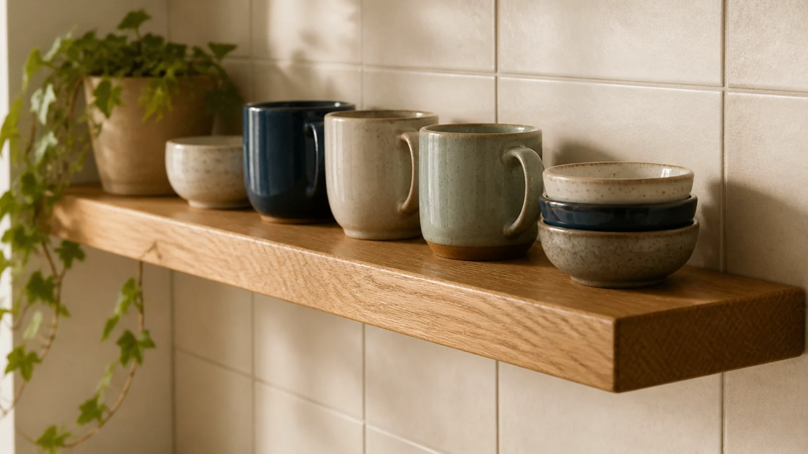 solid timber shelf replacing a coated wire rack in a kitchen