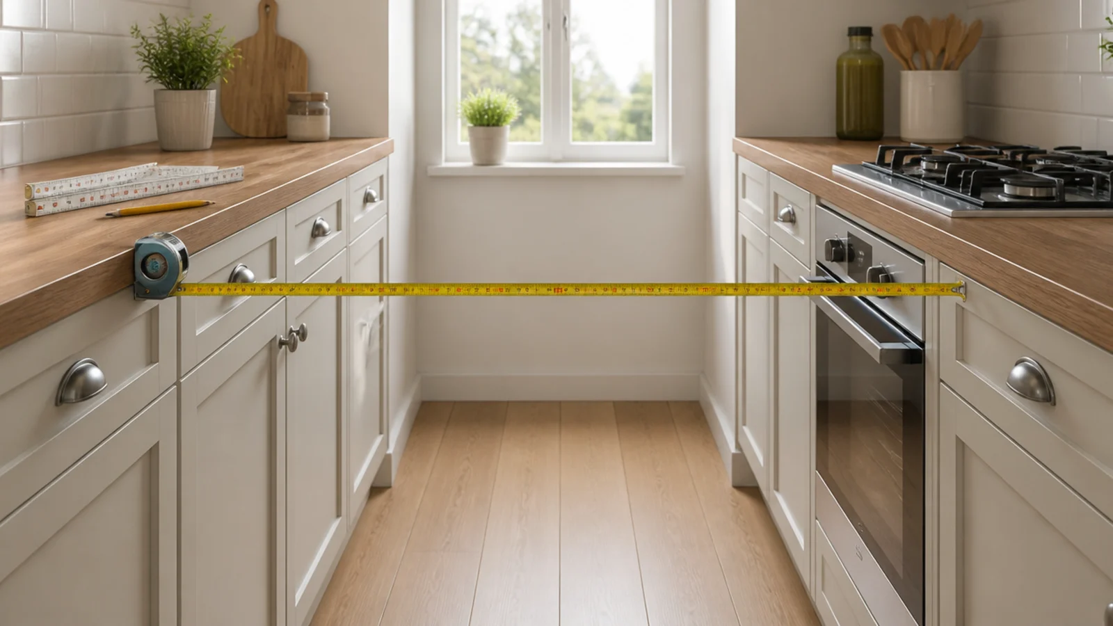 narrow kitchen walkway measured with a tape before shelves go up