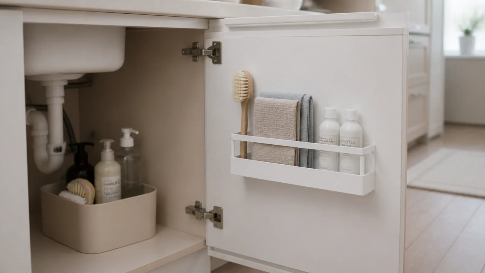 slim rack fitted to the inside of a kitchen sink cabinet door