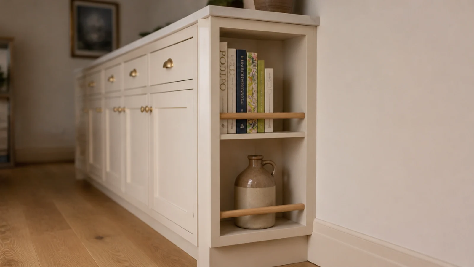narrow shelves added to a cabinet gable end in a tight kitchen