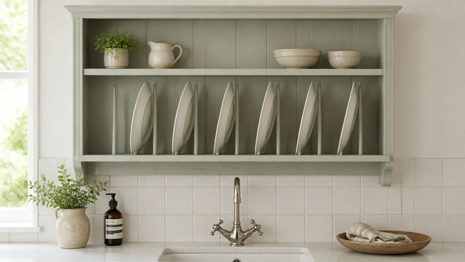 kitchen shelf with dowels holding plates upright on edge to drain