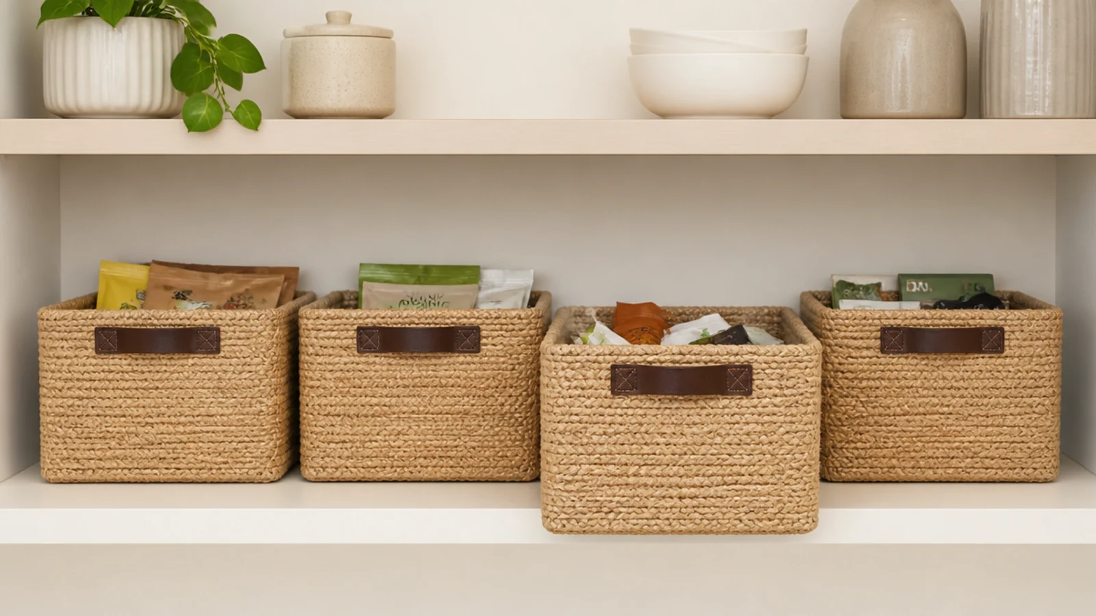 row of matching jute baskets lined along an open kitchen shelf