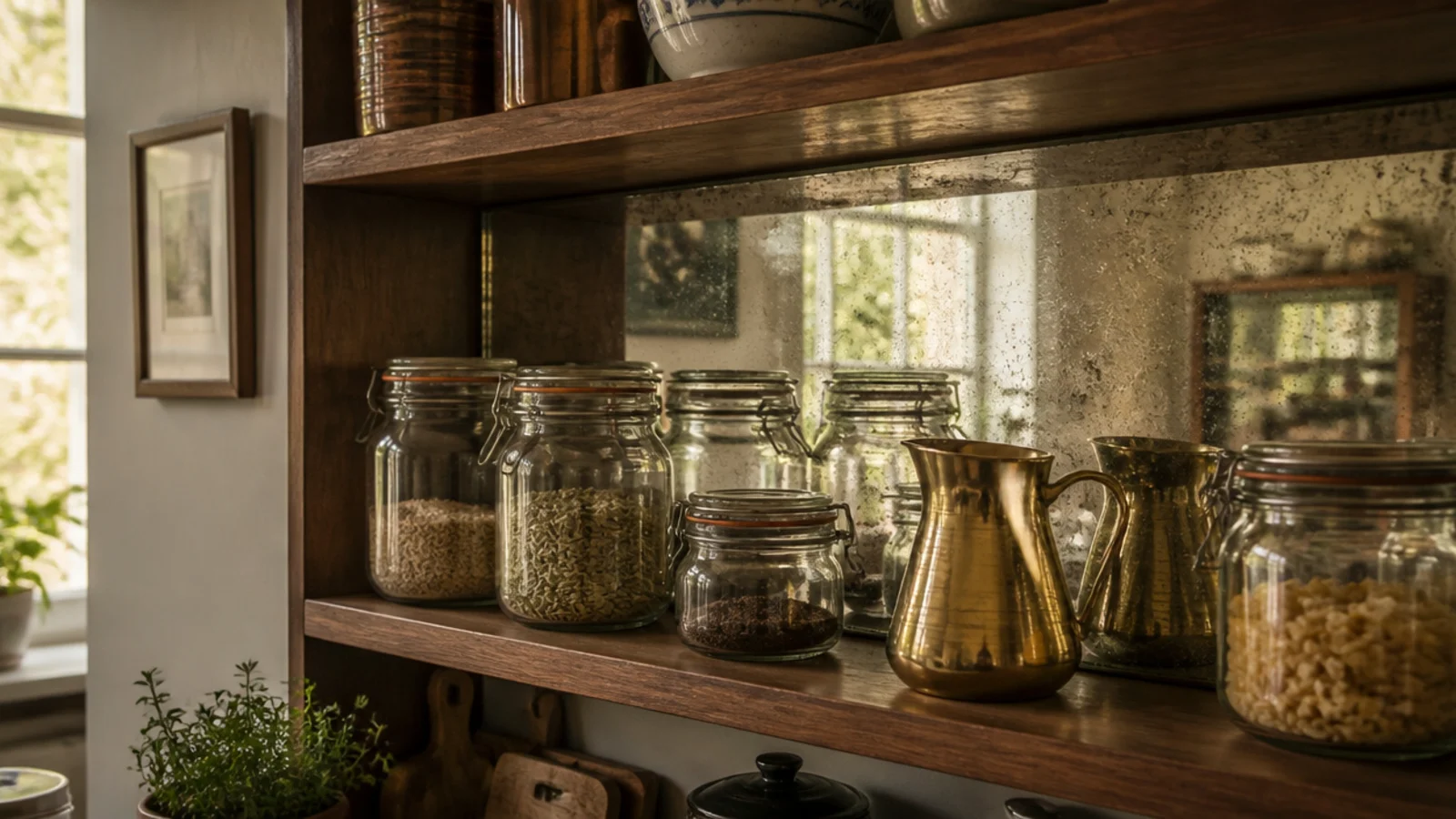 antique mirror panel behind an open kitchen shelf doubling the light