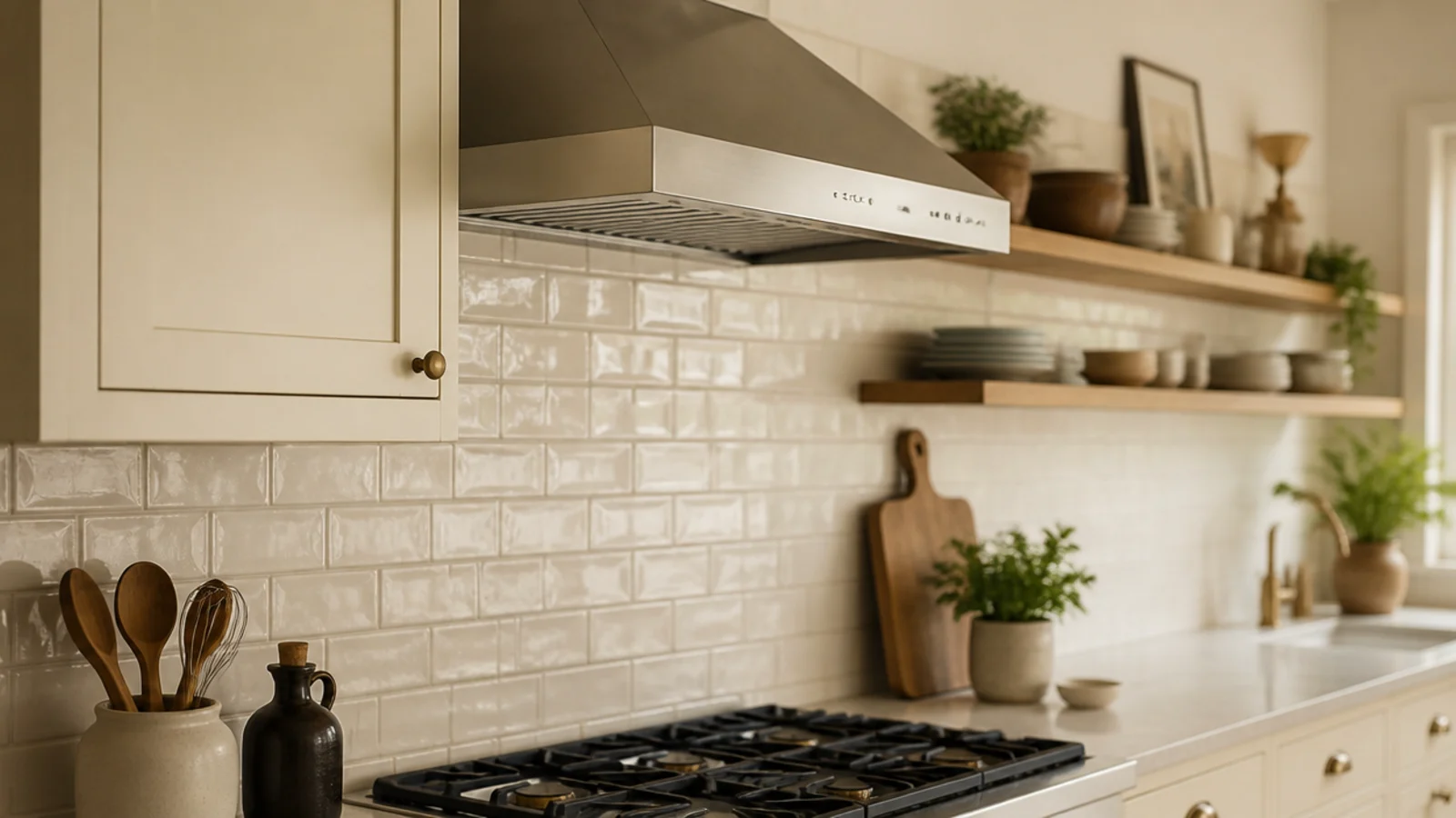 closed kitchen cabinet beside a range with open shelves further along