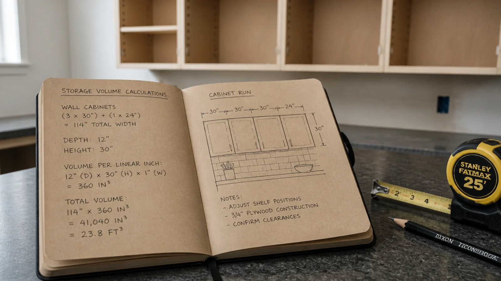notebook of storage calculations beside an emptied kitchen wall cabinet