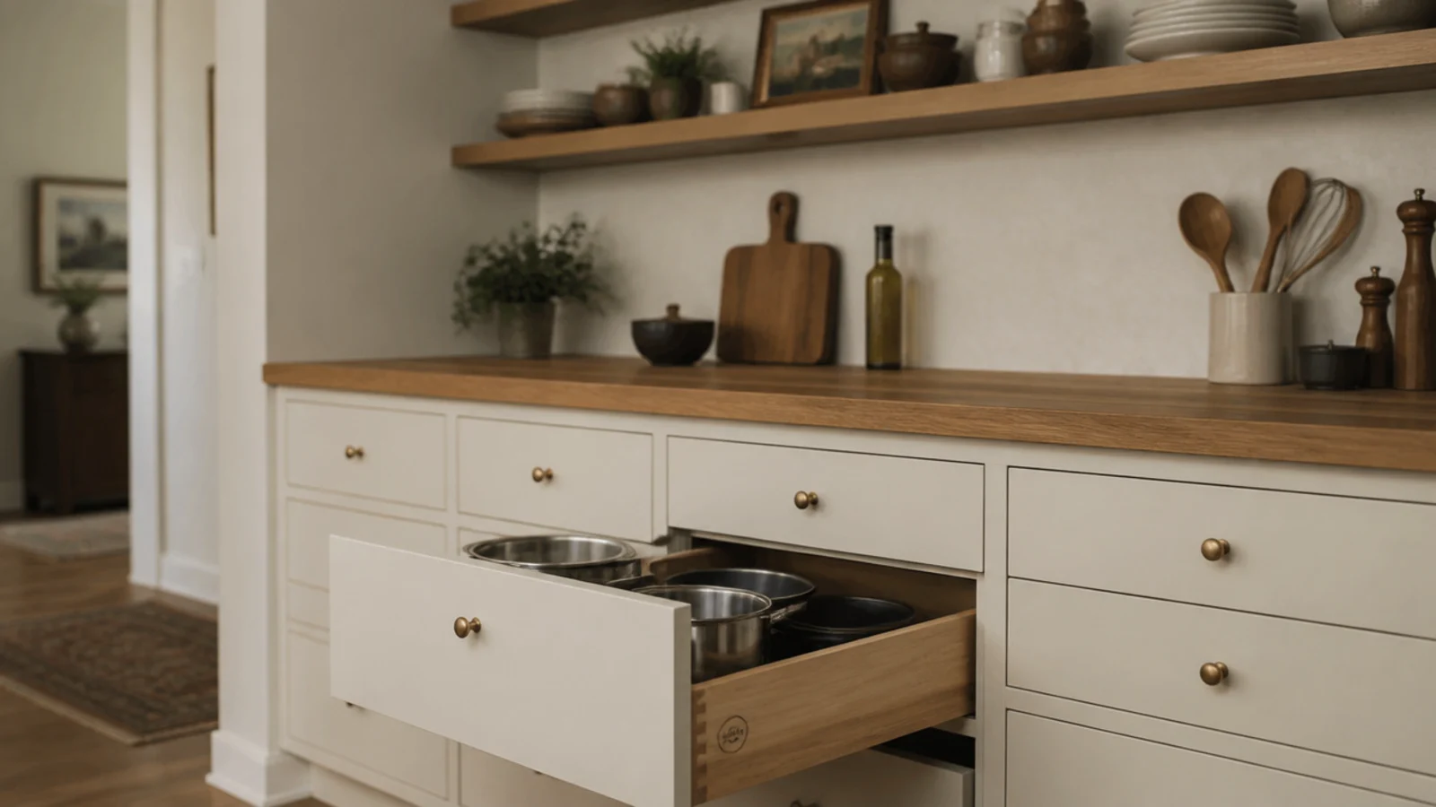 deep kitchen drawers below open shelves replacing former wall cabinets