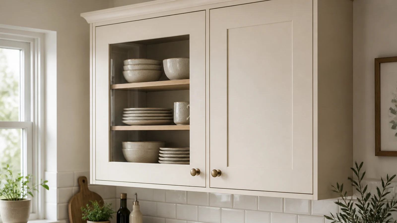 kitchen cabinet fitted with a glass door showing dishes inside