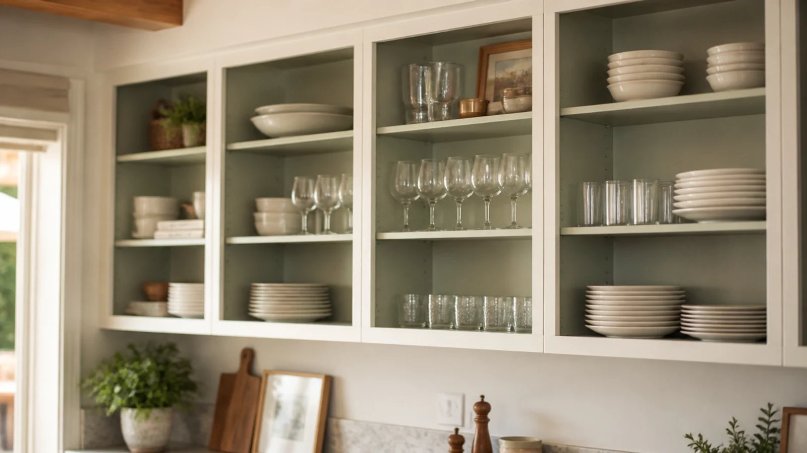 kitchen wall cabinets with doors removed and interiors painted sage