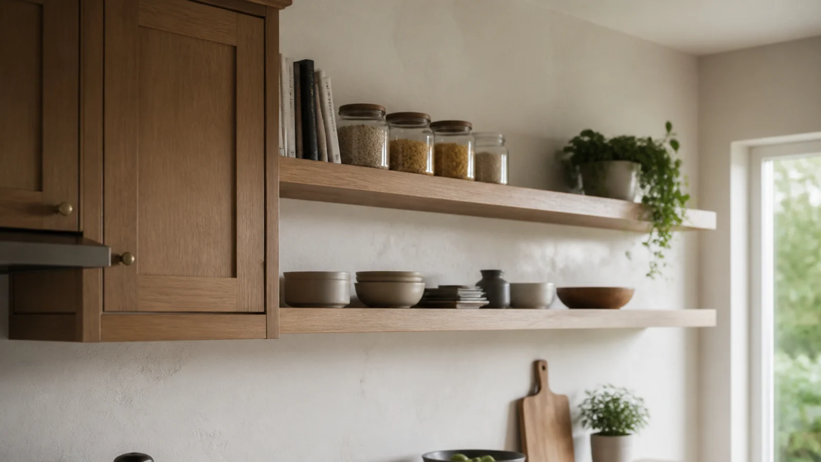 open kitchen shelves extending beyond where the cabinet run stopped