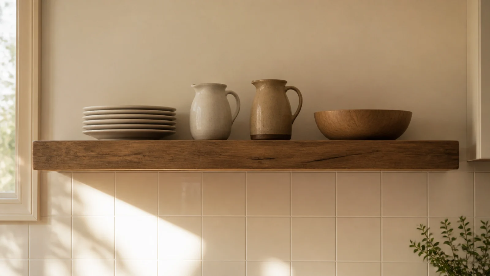 single deep open shelf occupying the space a kitchen cabinet used to fill