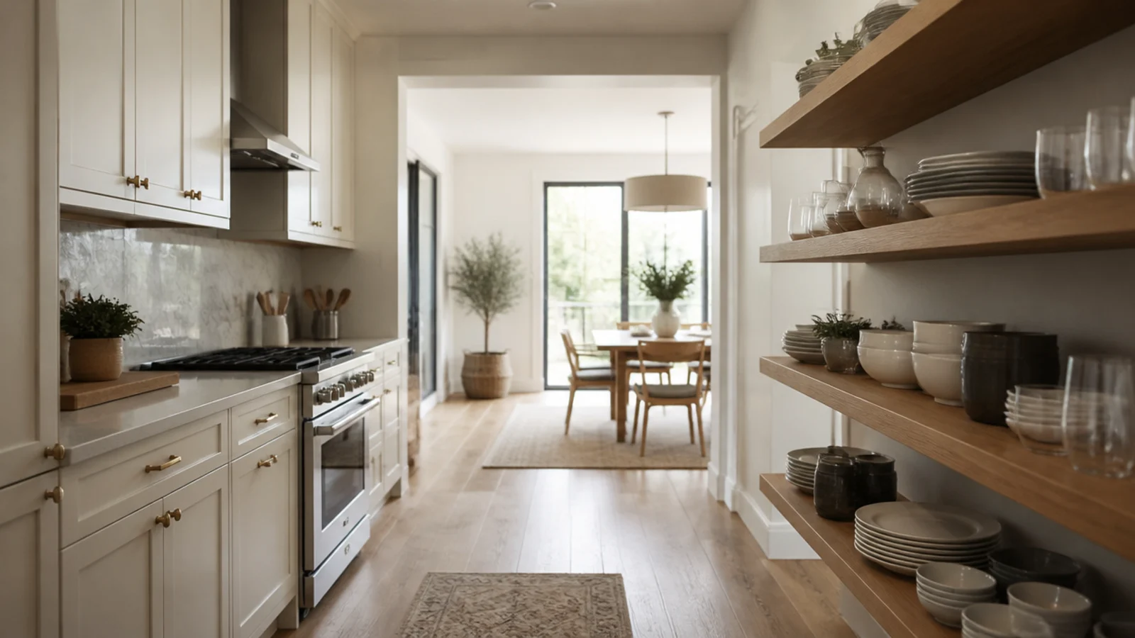 kitchen with closed cabinets on the range wall and open shelves opposite