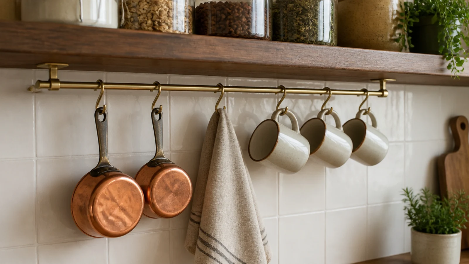 brass rail under a kitchen shelf holding cups cloths and small pans