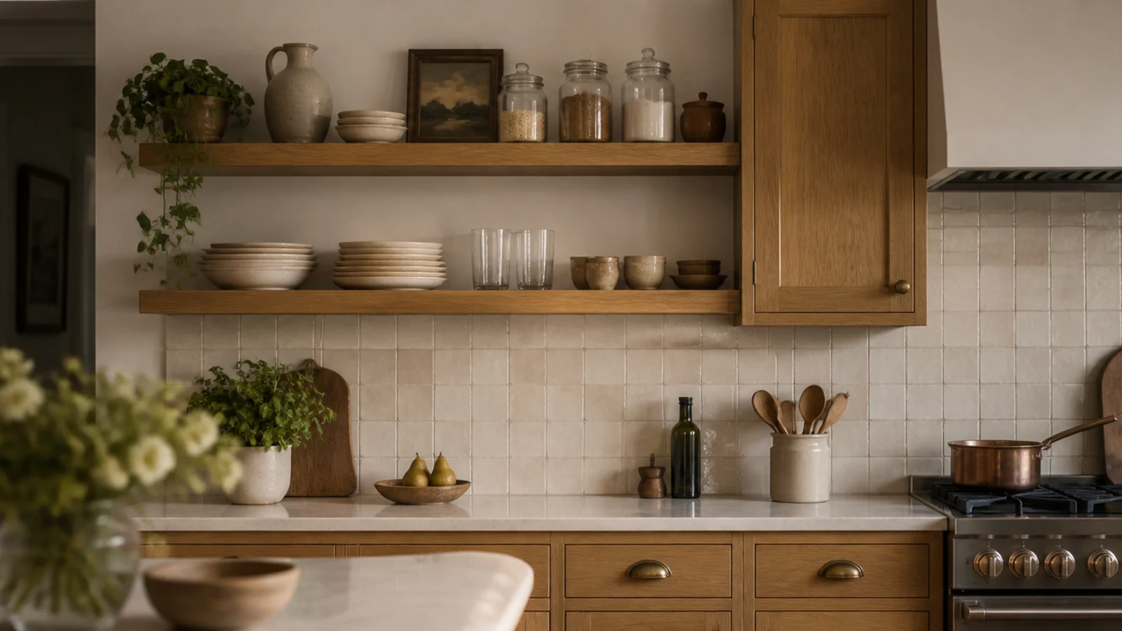 open kitchen shelves instead of cabinets holding stoneware plates and glass jars