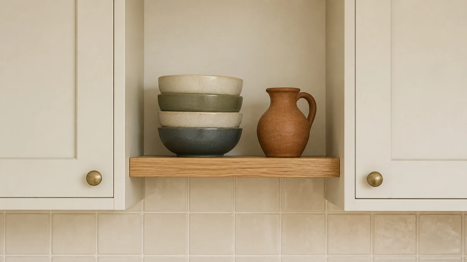 short kitchen shelf bridging the gap between two upper wall cabinets