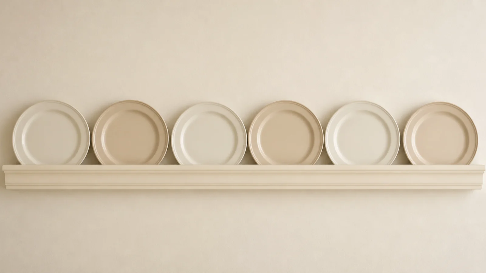 three inch plate rail along a kitchen wall with plates standing on edge