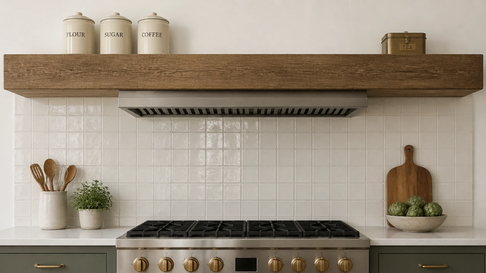 thick timber mantel shelf above a kitchen range holding ceramic canisters