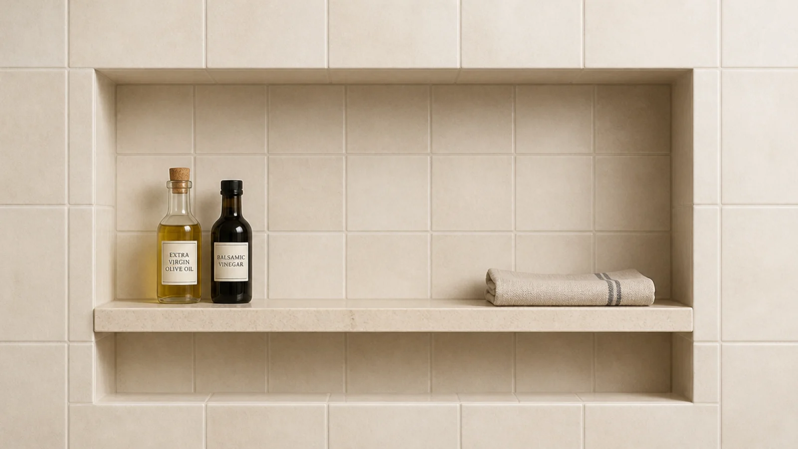 recessed tiled niche shelf set into a modern kitchen backsplash wall