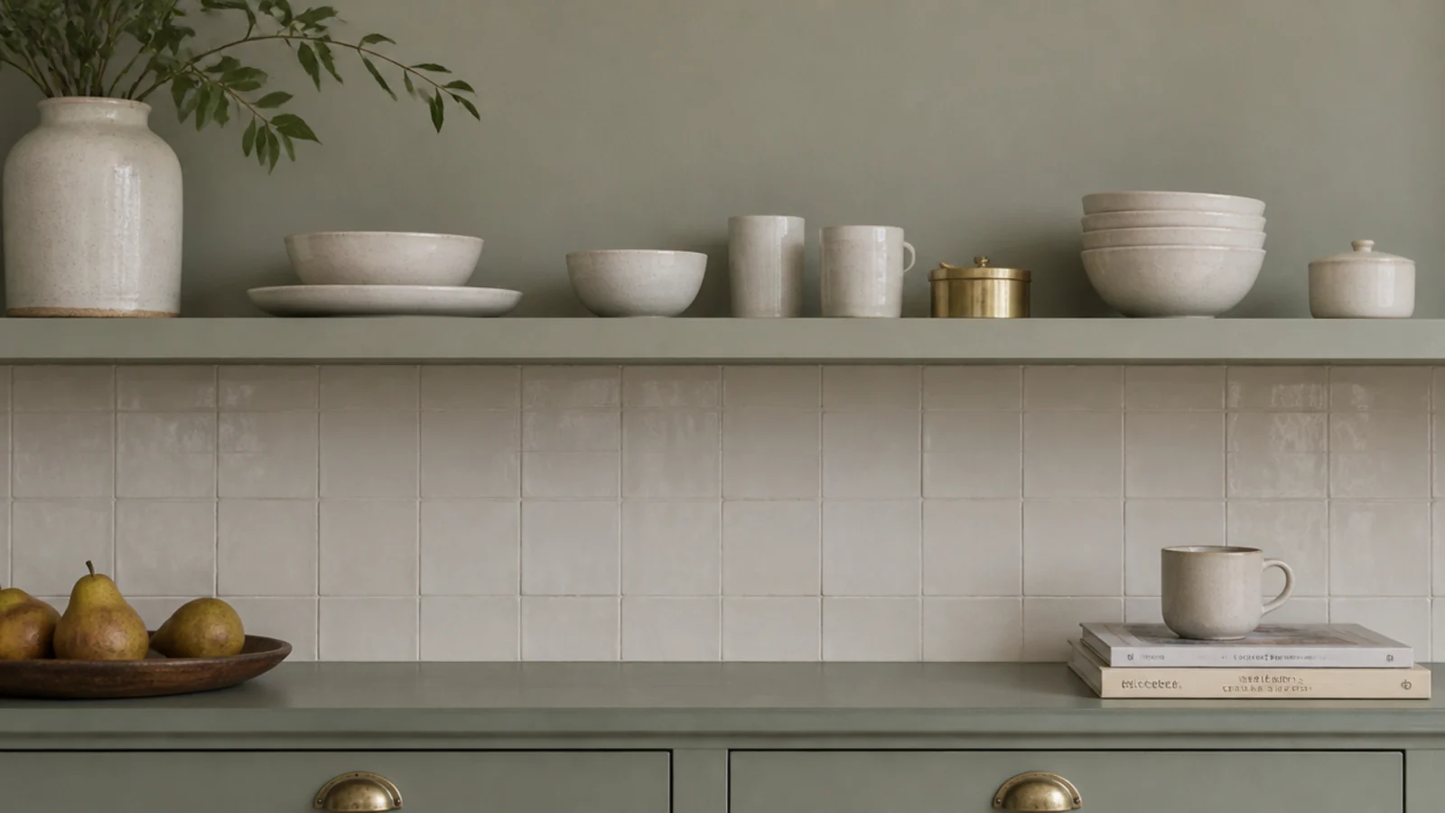shelf painted the same muted sage as the modern kitchen cabinets below