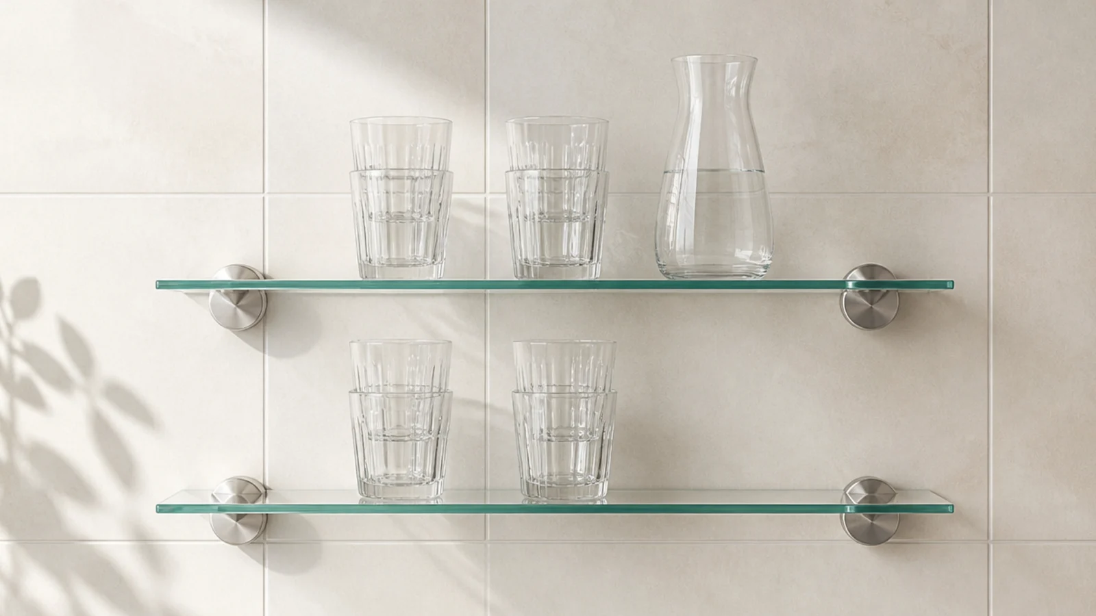 clear glass kitchen shelves on nickel standoffs in front of pale tile