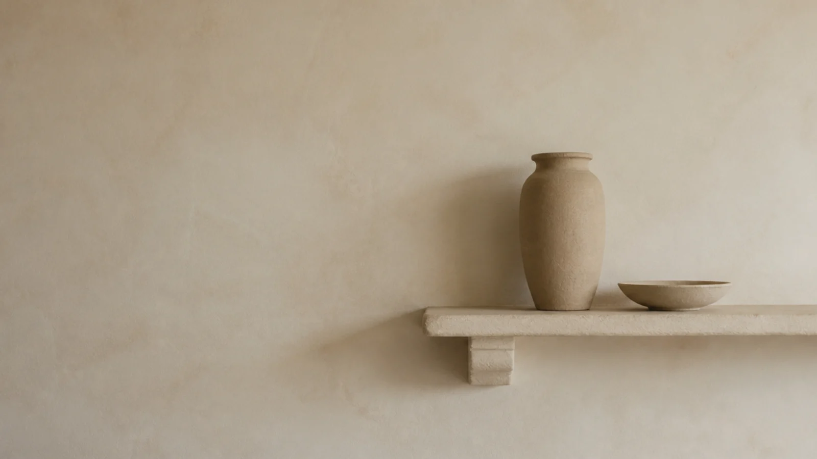 single off centre shelf on a large empty modern kitchen wall