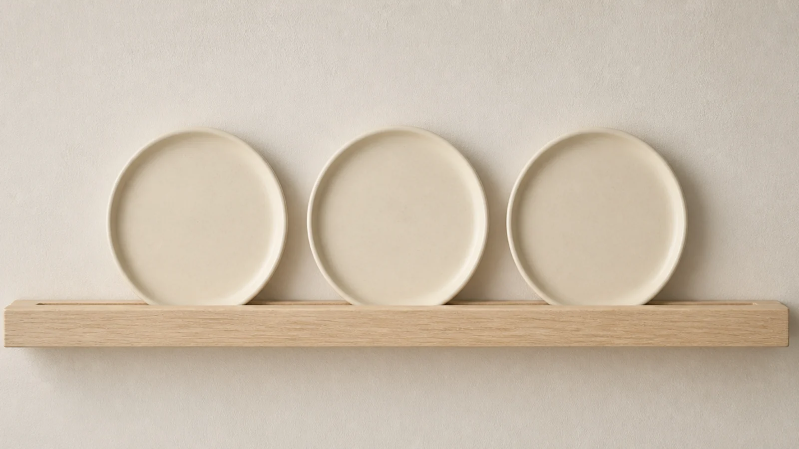 routed channel along a modern kitchen shelf holding plates upright