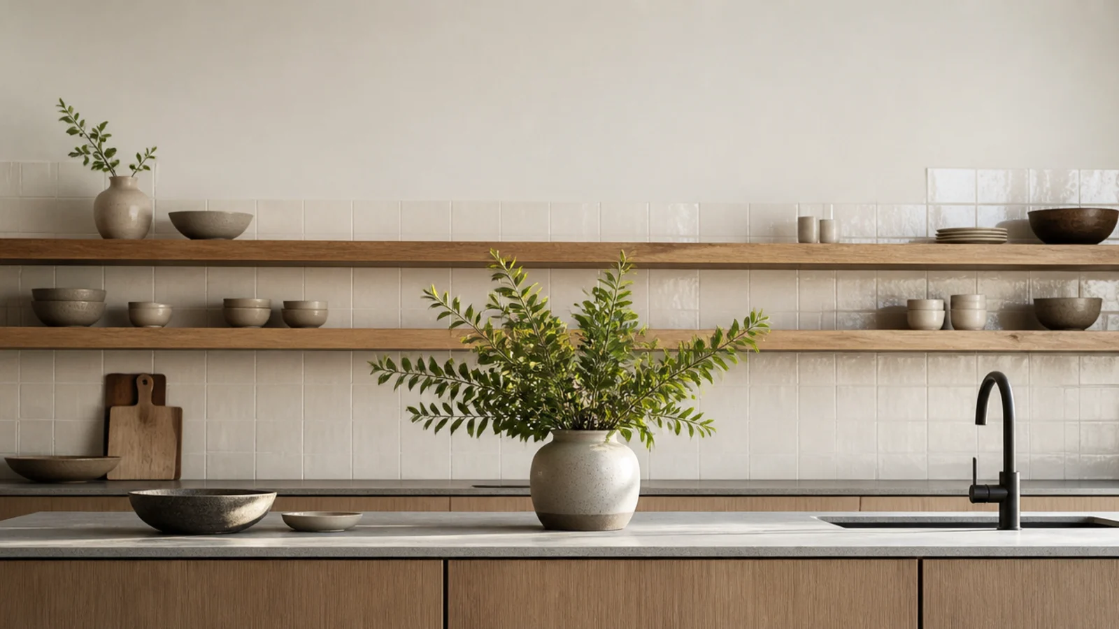 vertical modern kitchen shelves image with pale oak slabs and stoneware