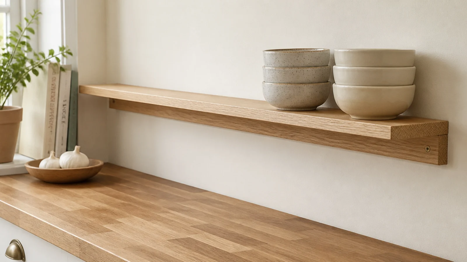 kitchen shelf sitting on a slim timber cleat rail with no visible brackets