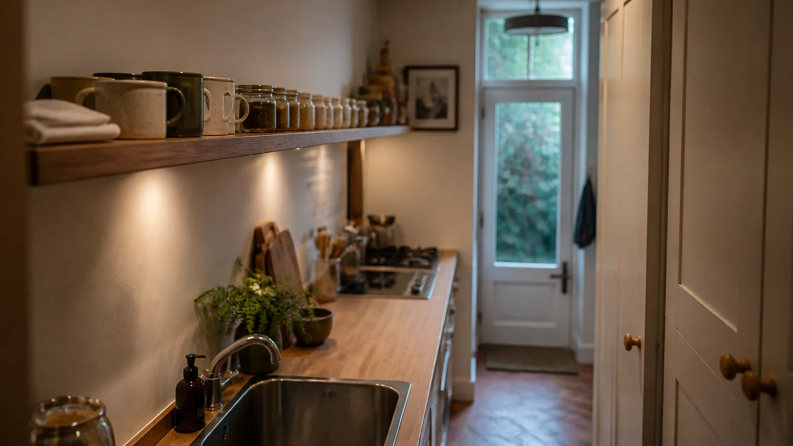 narrow six inch open kitchen shelf running along a tight galley wall