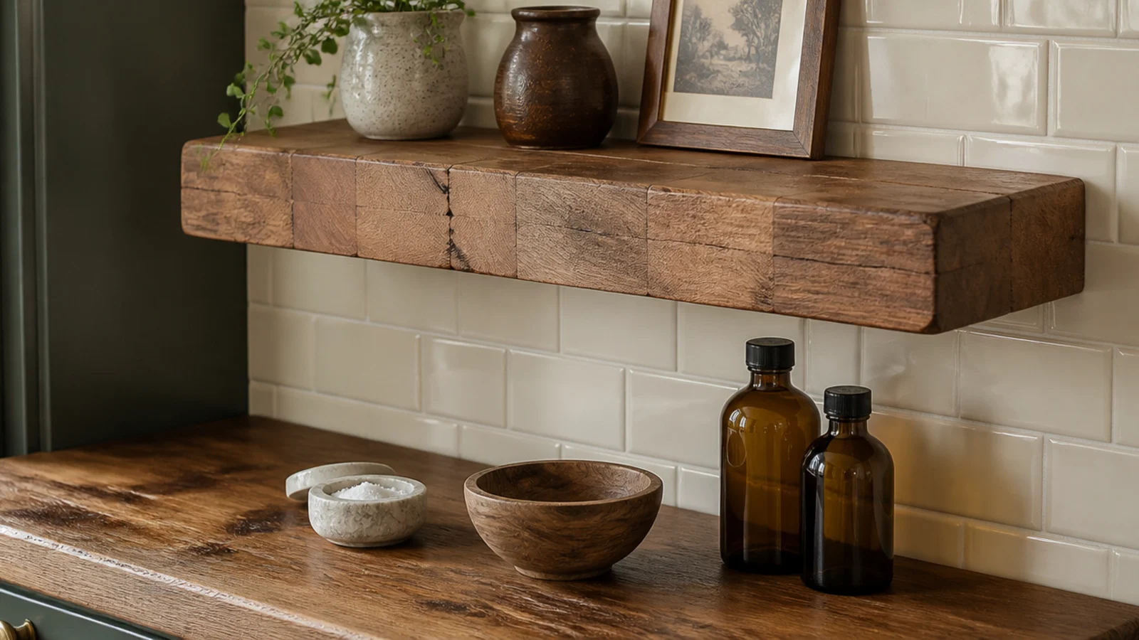 thick butcher block offcut used as an open shelf above a kitchen counter