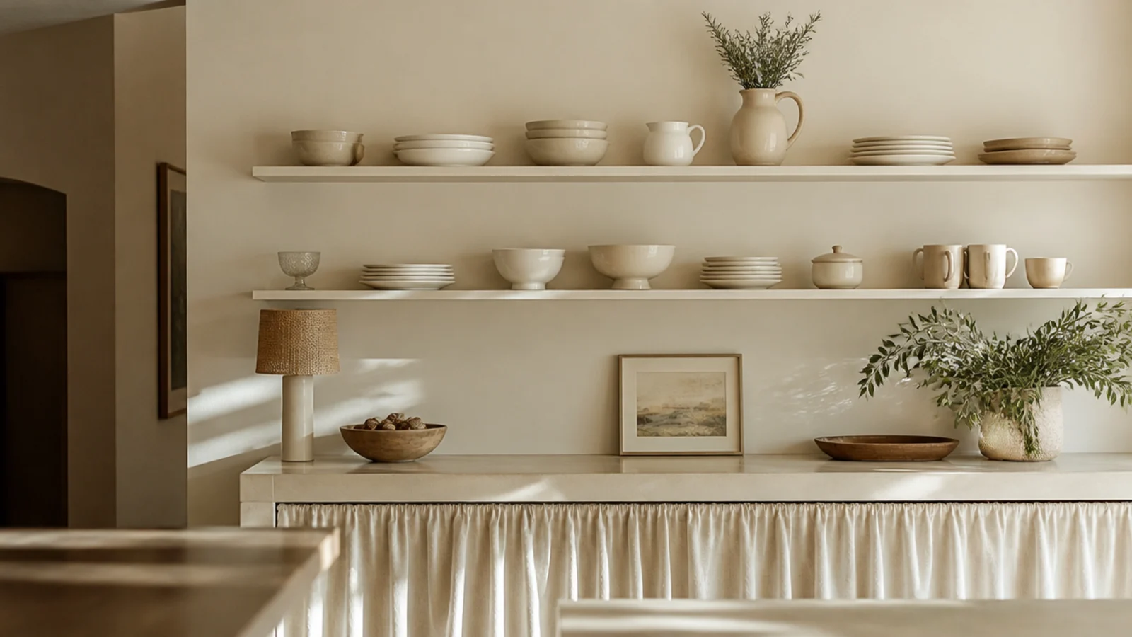 painted open kitchen shelves matching the wall color holding white china