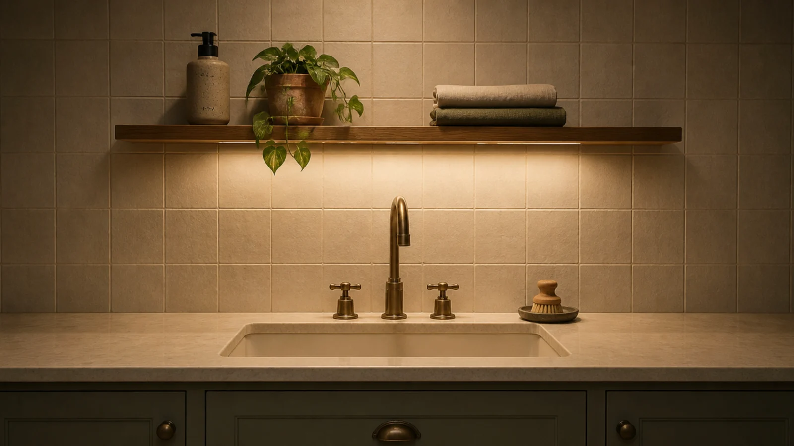 open shelf above a kitchen sink with no window holding a plant and cloths