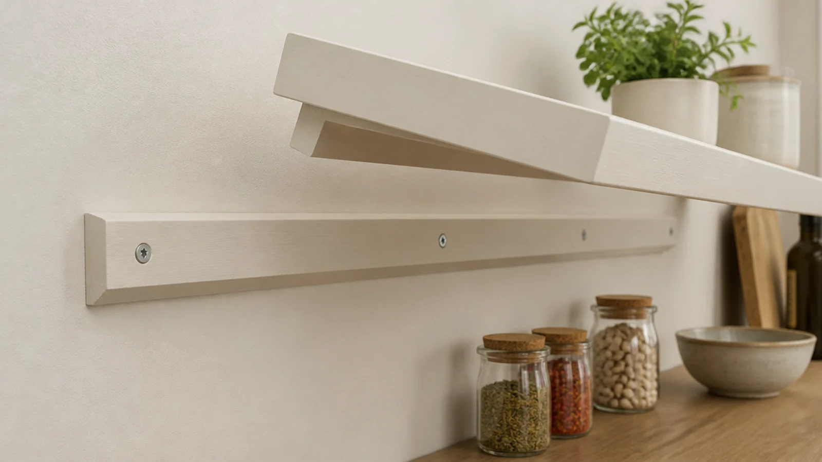 french cleat rail supporting a removable open kitchen shelf on a wall