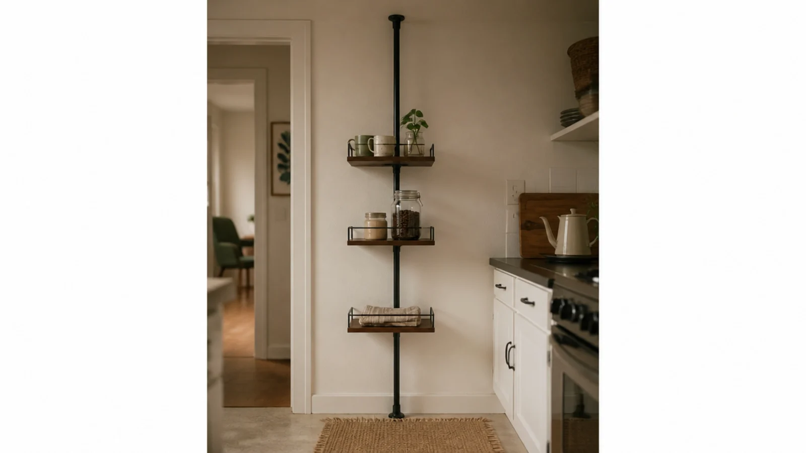 floor to ceiling tension pole shelf unit in a rented kitchen corner