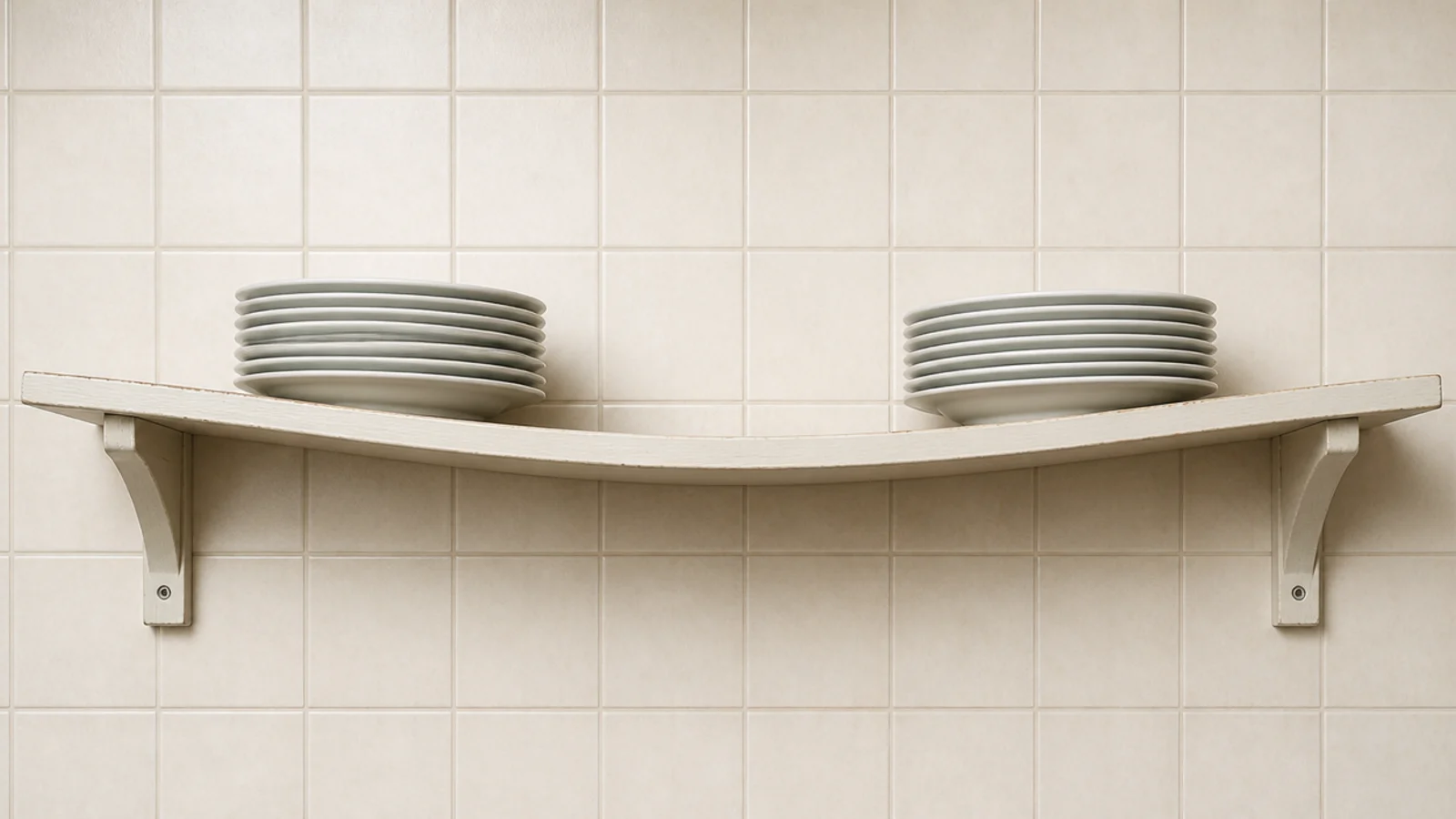 thin kitchen shelf sagging visibly in the middle under stacked plates