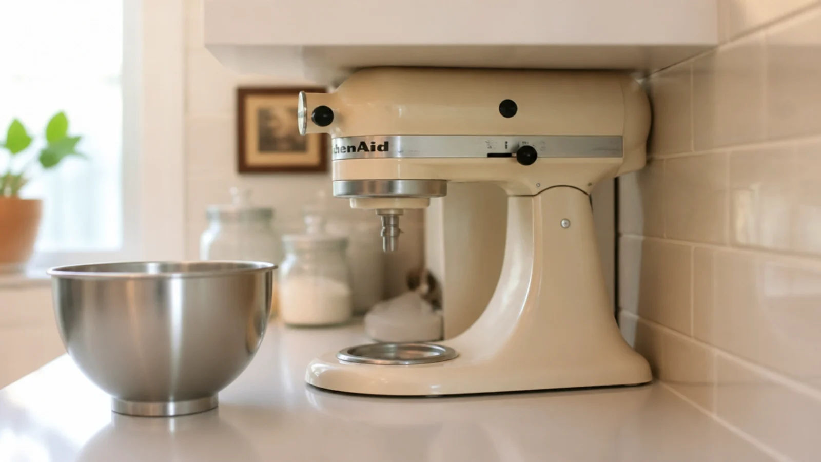 stand mixer wedged under a kitchen shelf mounted far too low