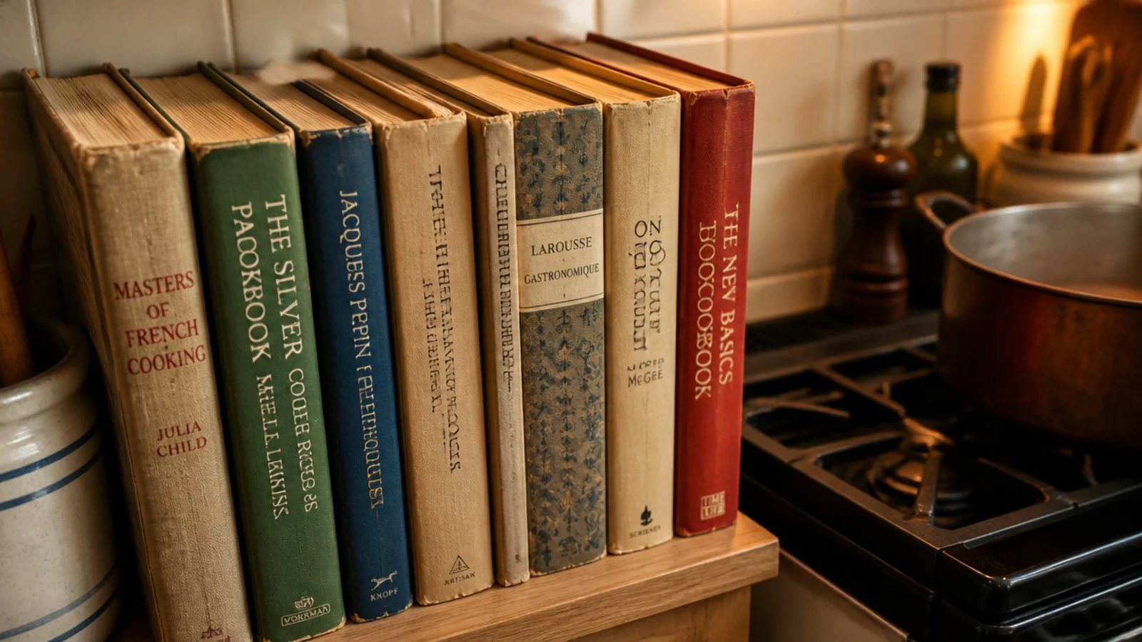 cookbooks stained and yellowed on a kitchen shelf next to a stove
