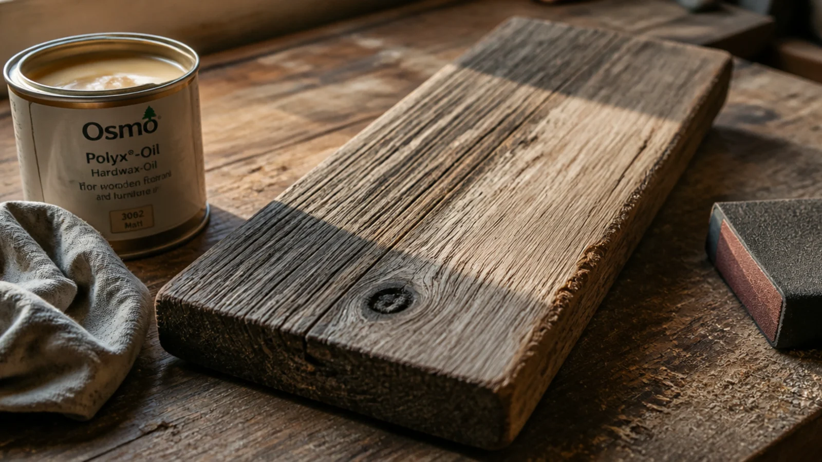 reclaimed board being sanded and sealed for use as a rustic kitchen shelf