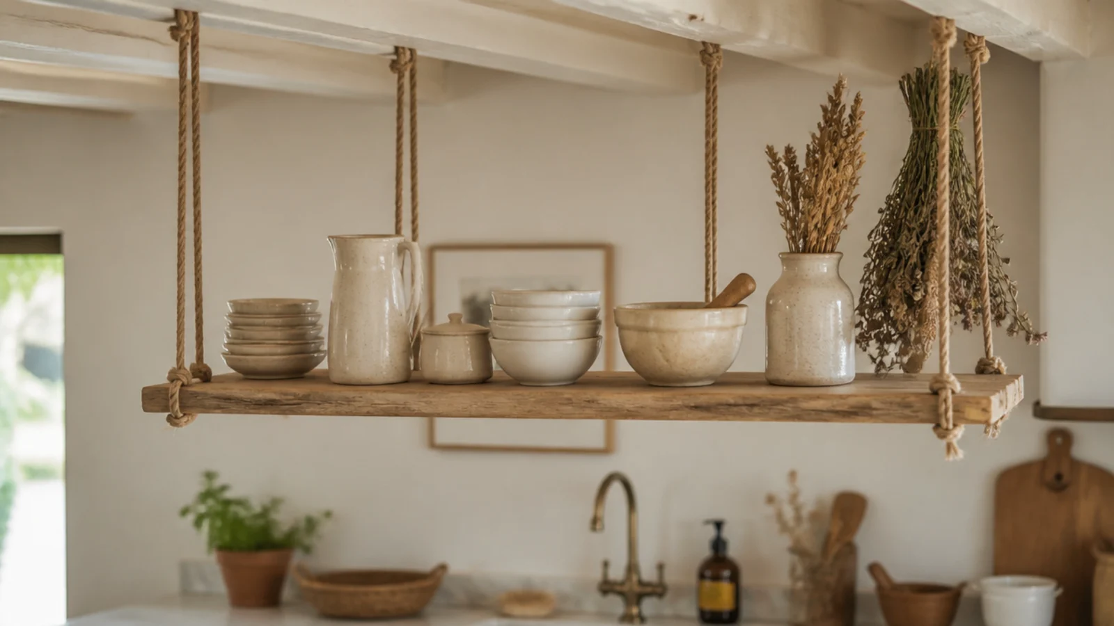timber kitchen shelf hanging on rope from ceiling joists above a counter