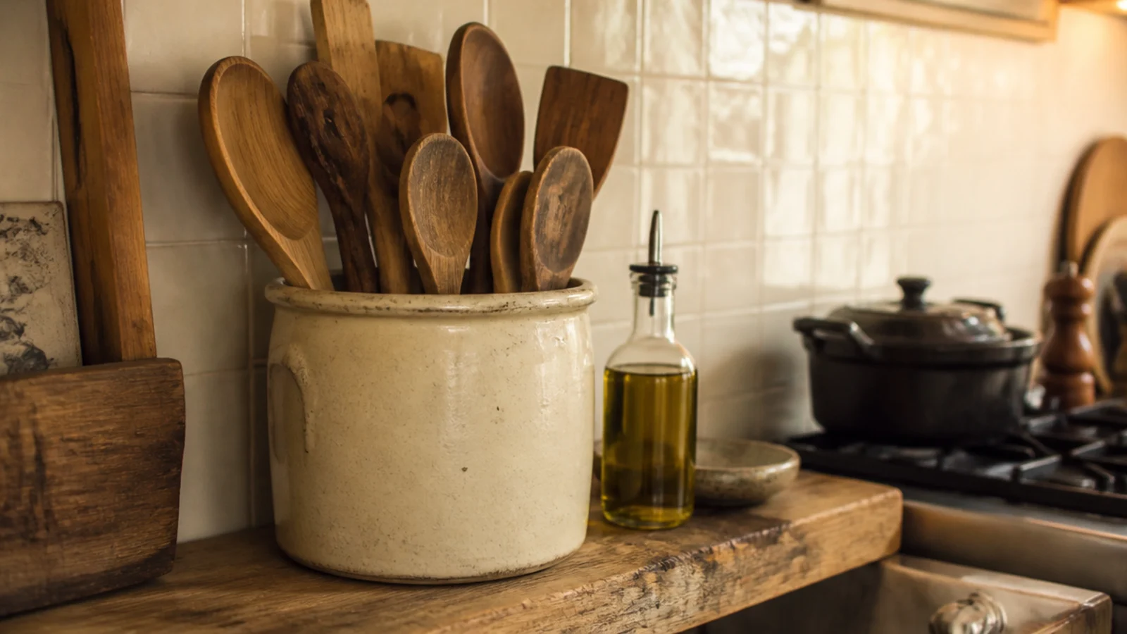 large stoneware crock of wooden spoons on a rustic kitchen shelf