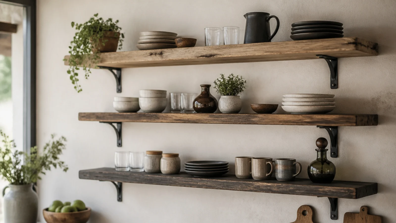 kitchen shelves in three different timber tones on identical iron brackets
