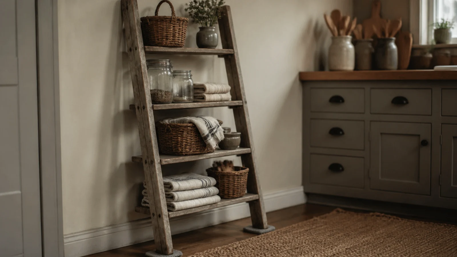 old wooden ladder leaning against a kitchen wall used as open shelving