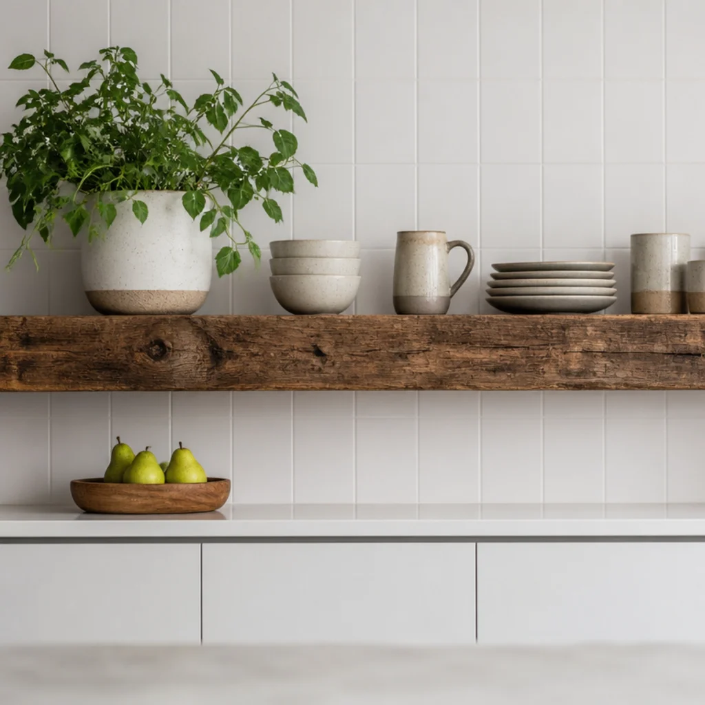 reclaimed timber kitchen shelf mounted against plain modern white tile