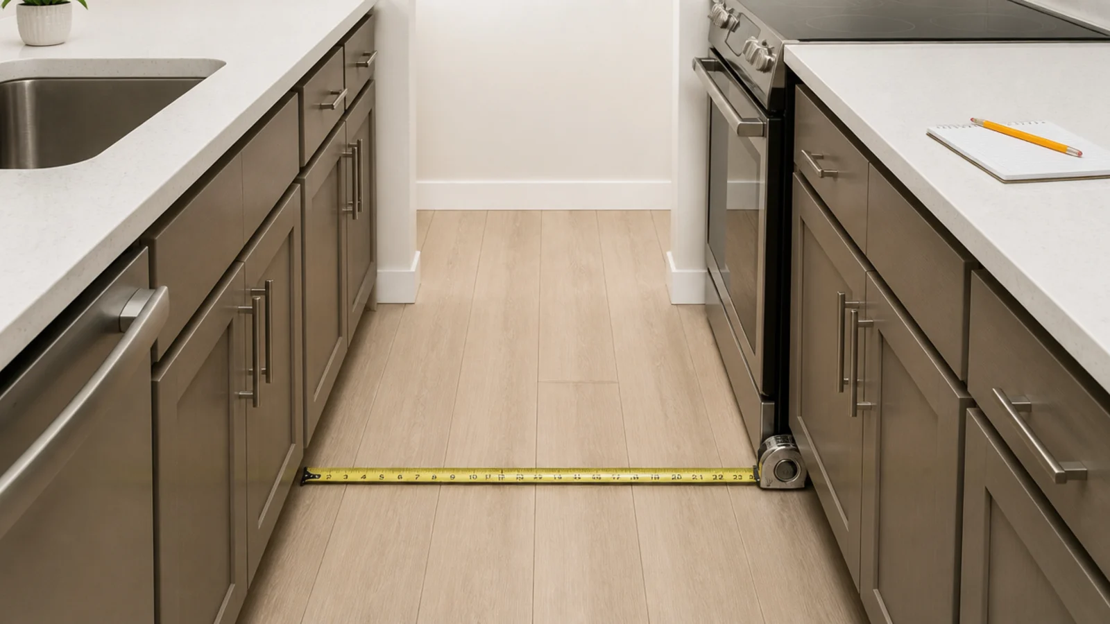 tape measure checking the walkway width in a narrow kitchen before shelving