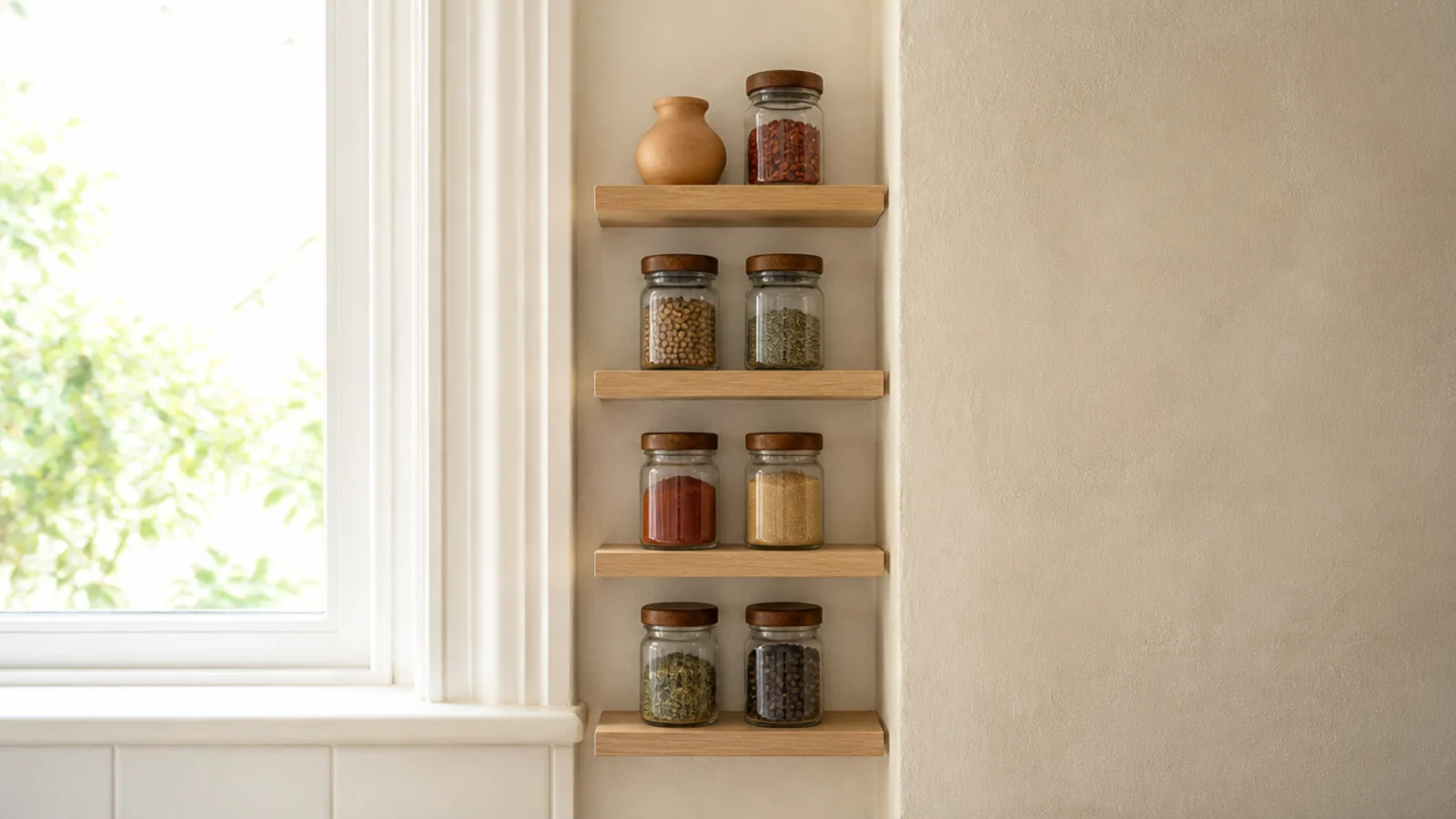 very narrow kitchen shelves fitted in the strip beside a window frame