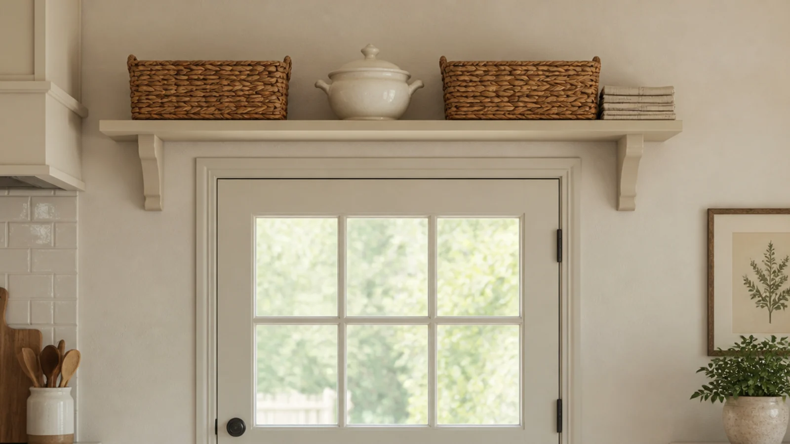 shelf mounted above a kitchen back door holding baskets and tins
