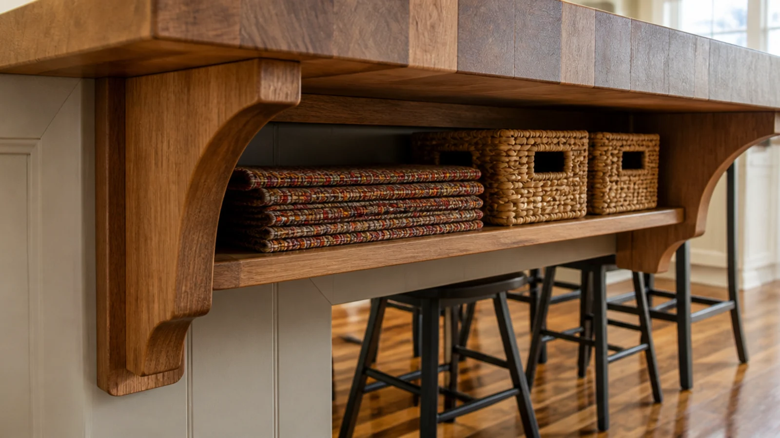 small shelf fitted beneath the overhang of a kitchen breakfast bar