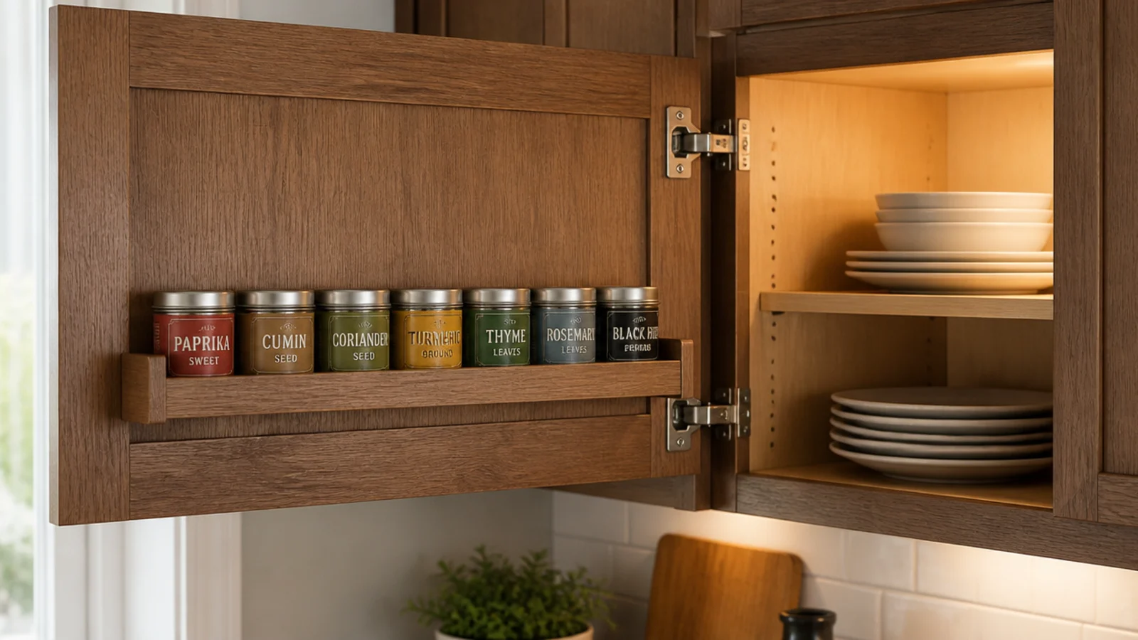 shallow shelf fitted to the inside face of a kitchen cabinet door