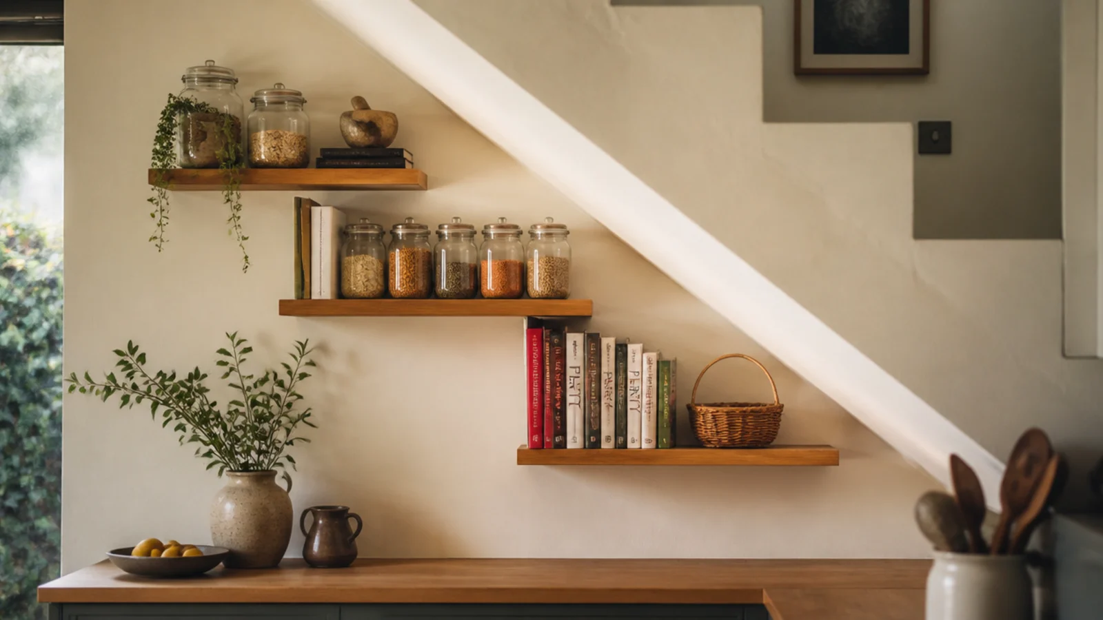 stepped kitchen shelves following the underside of a staircase bulkhead
