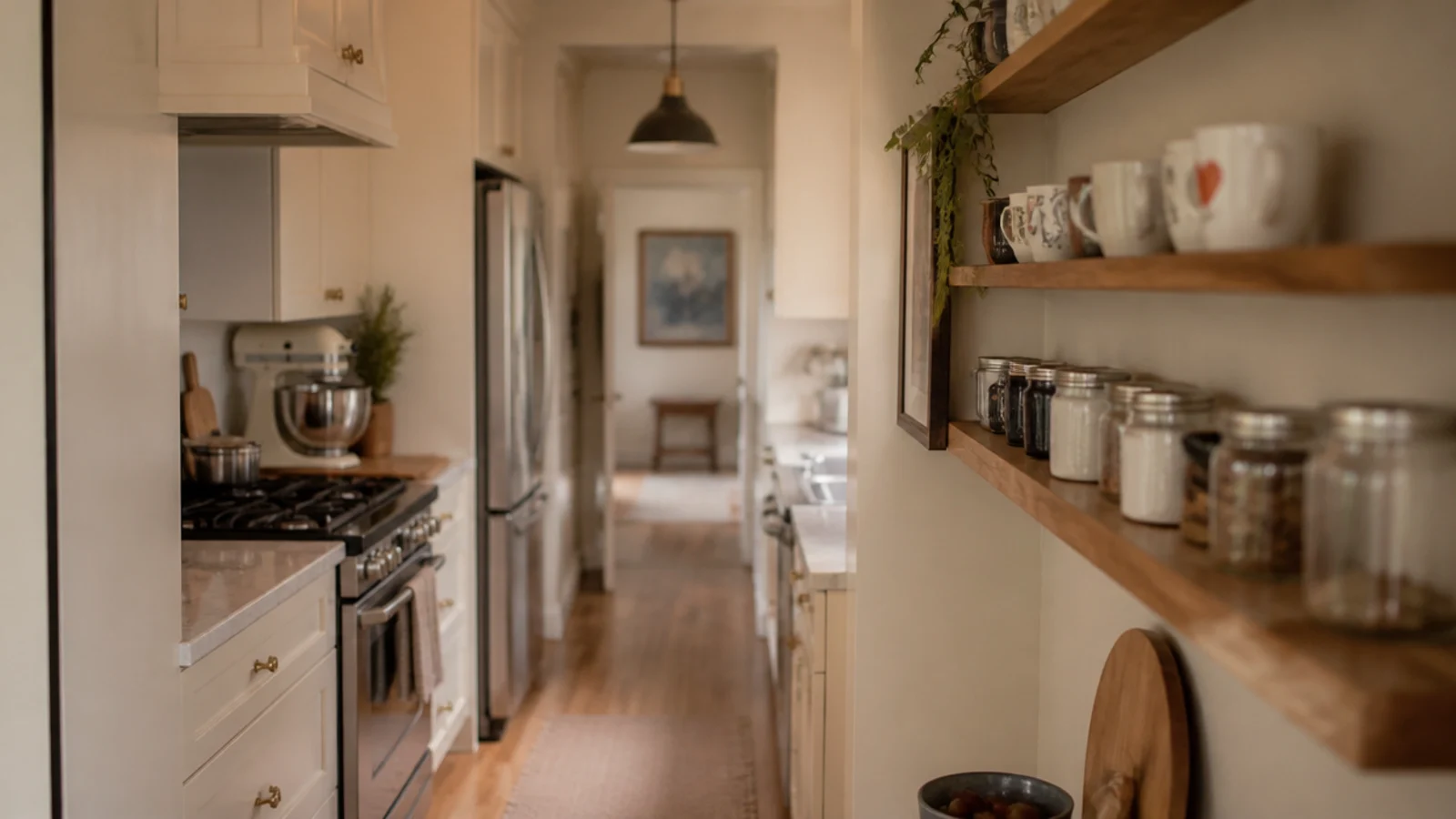 shallow half depth kitchen shelves keeping a narrow galley walkway clear
