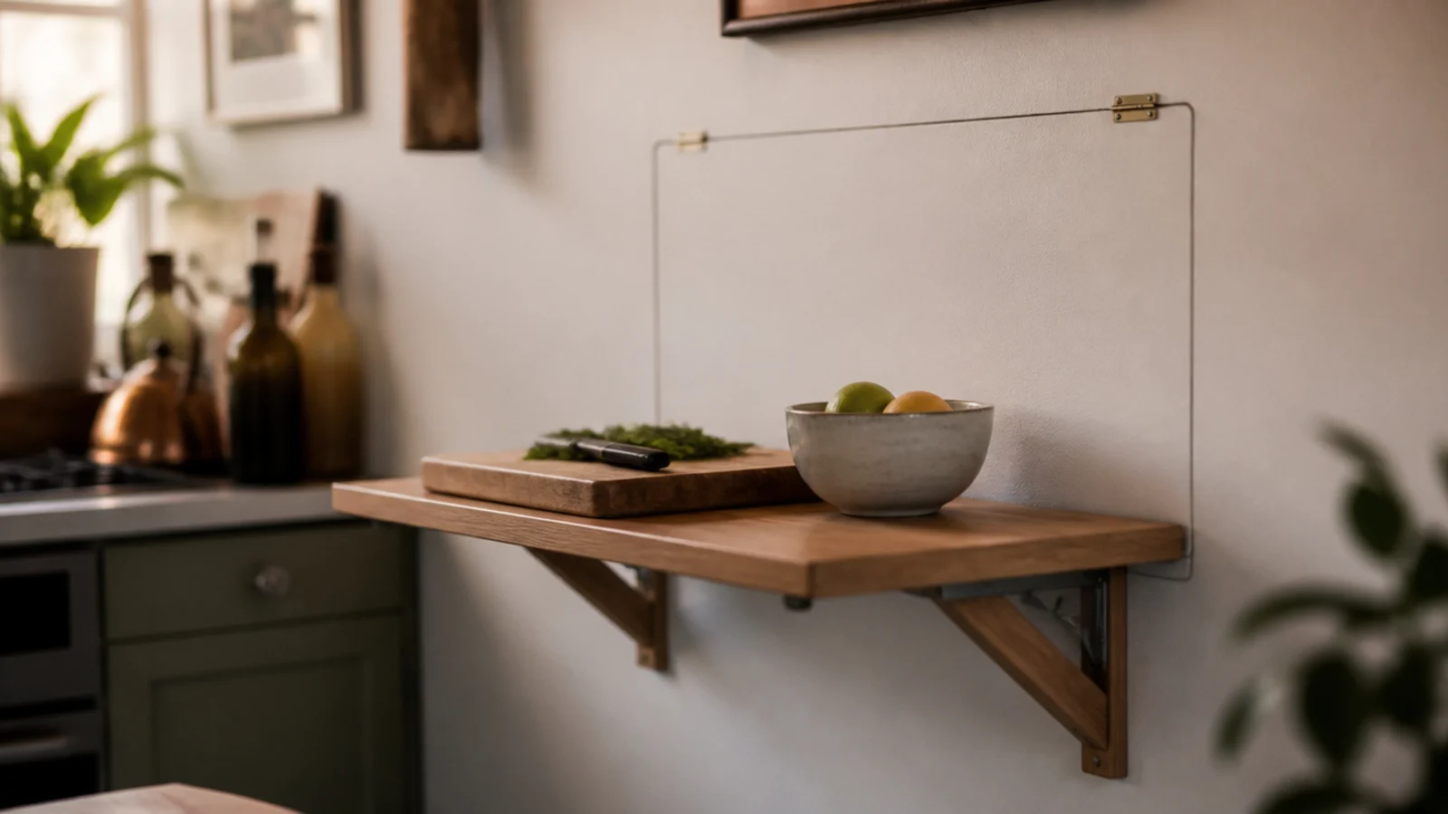 hinged fold down kitchen shelf dropped open as extra work surface